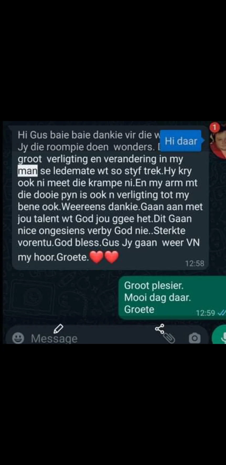 PS PynSalf customer review: screenshot of a customer WhatsApp message, shown exactly as it was received